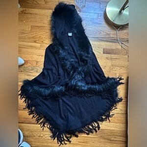 Black Hooded Poncho with Fringes on Trim